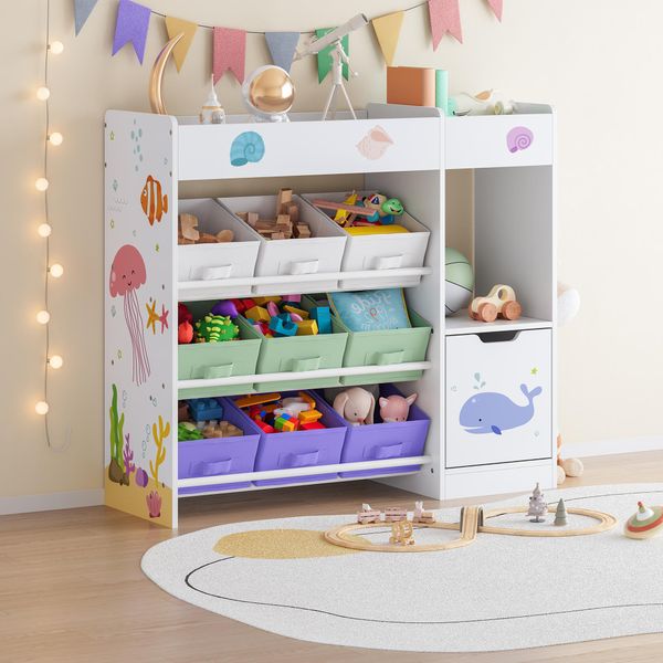 Scaffale Per Bambini "SøNdreland"" Con Un'anta E 9 Scatole Pieghevoli Scaffale Superiore 80 X 90 X 30 Cm Con Motivo Aqua Dream"-image