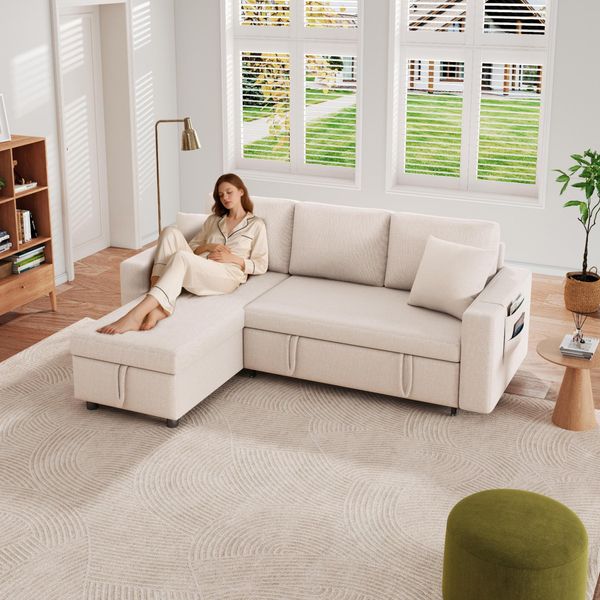 Divano Angolare Merax A 3 Posti Con Funzione Letto, Divano A L Con Box Letto, Divano A Tasca Laterale, Divano Letto, Divano Letto, Set Divano Letto, Divano, Beige-image