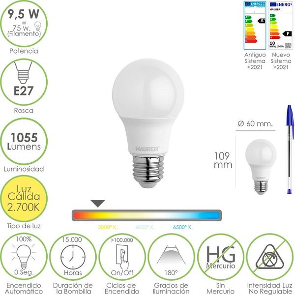 Lampadina Led Standard Con Filettatura E27. 9,5 Watt. Equivalente A 75 Watt. 1055 Lumen. Luce Calda (2700º K)-image
