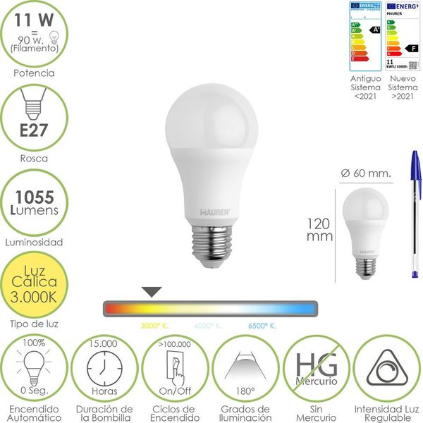 Lampadina Led Standard Con Filettatura E27. 11 Watt. Equivalente A 90 Watt. 1055 Lumen. Luce Calda (3000º K.) Dimmerabile-image
