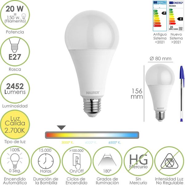 Lampadina Led Standard Con Filettatura E27. 20 Watt. Equivalente A 150 Watt. 2452 Lumen. Luce Calda (3000º K.)-image