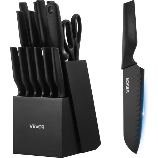 Set Di Coltelli Da Cucina Vevor Con Ceppo (Legno) E Acciaio Per Affilare, Set Di Coltelli Da 15 Pezzi Con Coltelli Affilati In Acciaio Inox Ad Alto Tenore Di Carbonio, Posate Da Cucina Con Manico Ergonomico In Pp, Per Cuochi Amatoriali-image
