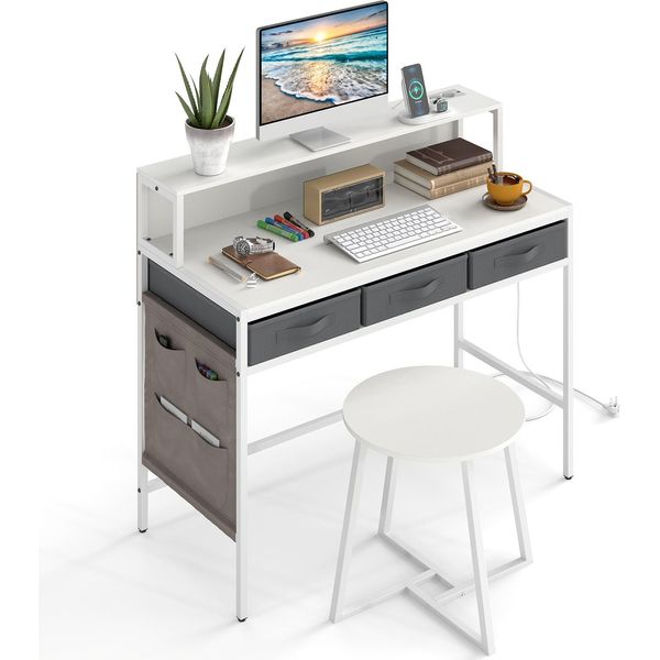 Scrivania Per Computer Costway Con Sgabello E Prese Di Corrente, Scrivania Per Computer Con Supporto Per Monitor, Cassetti E Tasche Laterali, Scrivania Con Tavolo Da Toilette Bianco-image