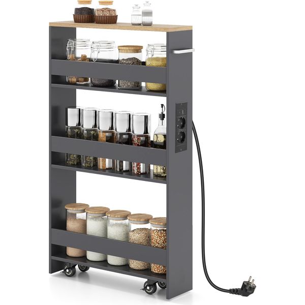 Costway Carrello A Nicchia, Carrello Da Cucina A 4 Ripiani Stretto Con Stazione Di Carico, Scaffale A Nicchia, Carrello Di Servizio Con Maniglia E Ringhiera, Scaffale Da Bagno In Legno, Grigio-image