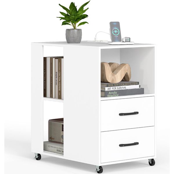 Tavolino Costway Con Rotelle, Comodino Con Prese Di Corrente, 2 Cassetti E Ripiani Aperti, Comodino, 60 X 40 X 65,5 Cm (Bianco)-image