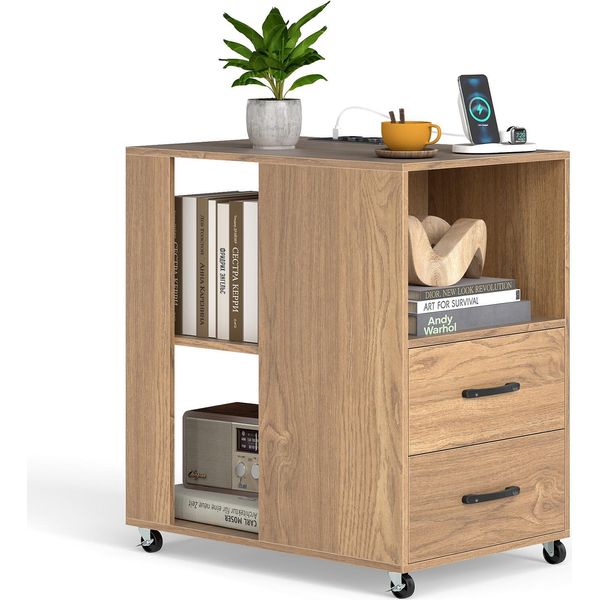 Tavolino Costway Con Rotelle, Comodino Con Prese Di Corrente, 2 Cassetti E Ripiani Aperti, Comodino, 60 X 40 X 65,5 Cm (Naturale)-image