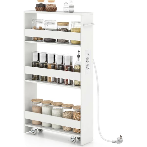 Costway Carrello A Nicchia, Carrello Da Cucina A 4 Ripiani Stretto Con Stazione Di Carico, Scaffale A Nicchia Su Rotelle, Carrello Di Servizio Con Maniglia E Ringhiera, Scaffale Da Bagno In Legno, Bianco-image