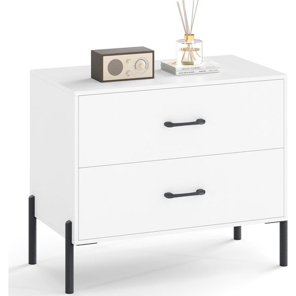 Comodino Costway, Cassettiera Con 2 Cassetti E Gambe In Metallo, Comodino, Tavolino, Cassettiera, 71 X 40 X 61 Cm, Bianco-image