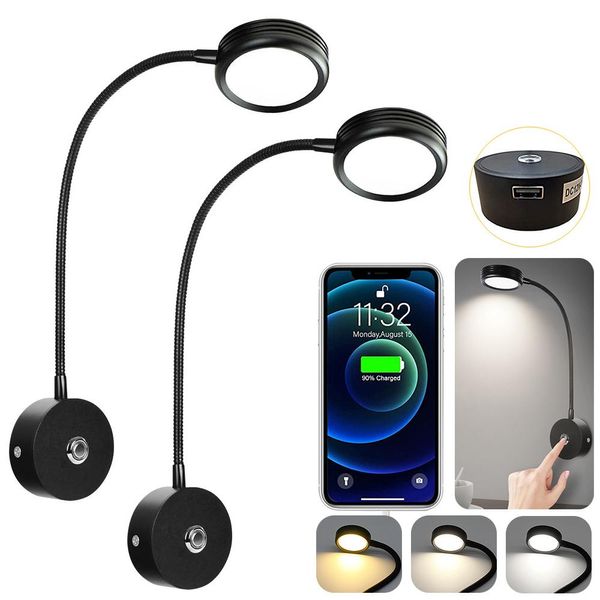 2X Lampada Da Lettura Da Parete, Lampada Da Parete A Led Da 12V Con Interruttore, Lampada A Collo D'oca Da Parete Nera, Luce Da Lettura Dimmerabile Per Camper Caravan Barca-image