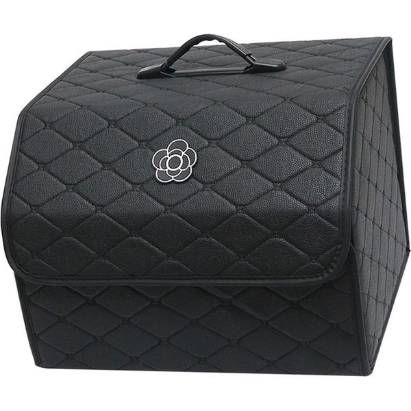 Organizzatore Per Il Bagagliaio Dell'auto, Grande E Versatile Contenitore In Finto Cuoio Con Coperchio, Nero-image