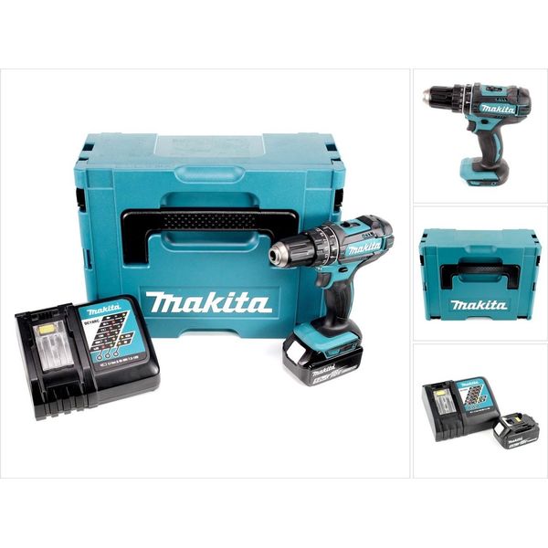 Trapano A Percussione A Batteria Makita Dhp 482 RT1J 18V 62Nm In Makpac + 1X Batteria 5,0 Ah + Caricabatterie-image