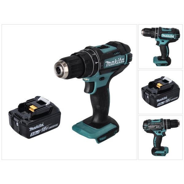 Makita Dhp 482 T1 Trapano A Percussione A Batteria 18 V 62 Nm + 1X Batteria Ricaricabile 5,0 Ah - Senza Caricabatterie-image