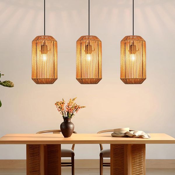 Zmh Lampada A Sospensione Boho Lampada A Sospensione In Rattan Lampada A Sospensione Regolabile In Altezza Lampada A Sospensione Sala Da Pranzo 3 Fiamme Lampada Da Tavolo Per Camera Da Letto Soggiorno-image