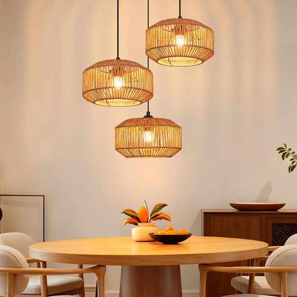 Zmh Lampada A Sospensione Boho Lampada A Sospensione In Rattan Lampada A Sospensione Regolabile In Altezza Lampada A Sospensione Sala Da Pranzo 3 Fiamme Lampada Da Tavolo Design Retrò Con Attacco E27-image