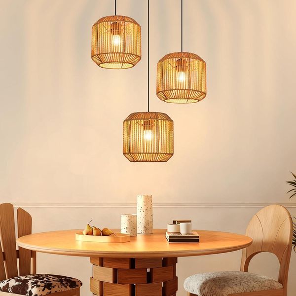 Zmh Lampada A Sospensione Boho Lampada A Sospensione In Rattan Altezza Regolabile 3 Fiamme Lampada Da Tavolo Con Attacco E27 Per Camera Da Letto Senza Lampadina-image
