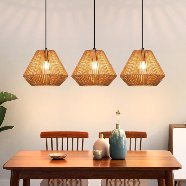 Zmh Lampada A Sospensione Boho Lampada A Sospensione In Rattan Lampada A Sospensione Regolabile In Altezza Lampada A Sospensione Sala Da Pranzo 3 Fiamme Lampada Da Tavolo Design Retrò Con Attacco E27-image