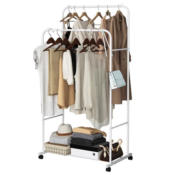 Fativo Appendiabiti Mobile In Metallo Con Ruote, Appendiabiti Con 2 Aste E Ripiano, Capacità Di Carico Fino A 45 Kg, Per Camera Da Letto, Guardaroba E Negozio, Bianco-image