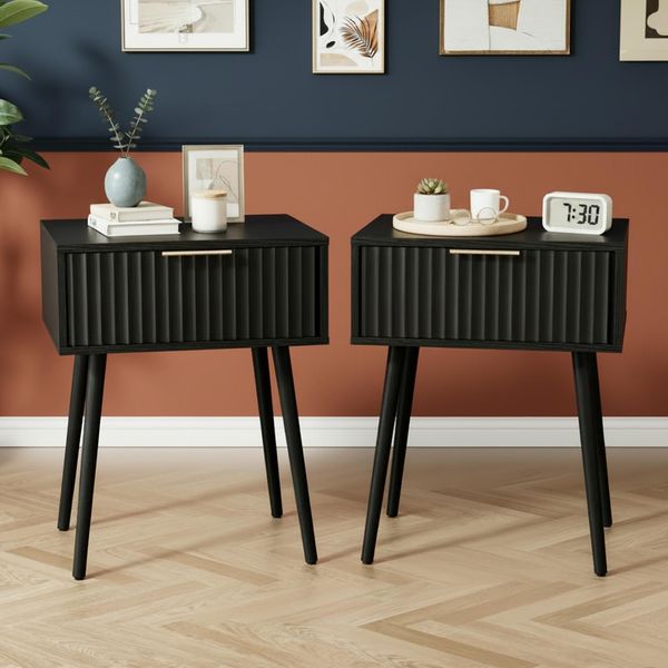 Fch Set Di 2 Comodini Con Cassetto, Intaglio, Tavolino Per Camera Da Letto, 48 X 30 X 60 Cm, Nero-image