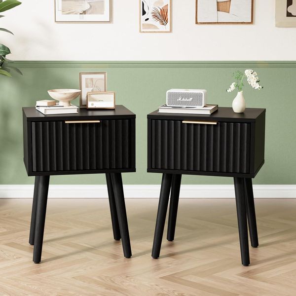 Fch Set Di 2 Comodini Con Cassetto, Intaglio, Tavolino Per Camera Da Letto, 40 X 30 X 55 Cm, Nero-image