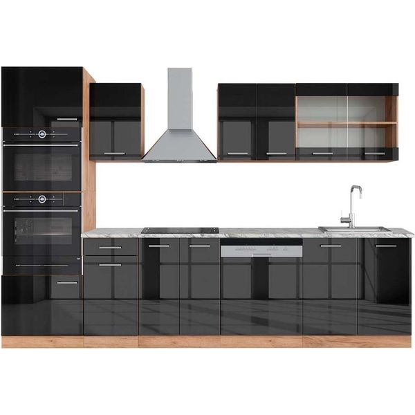 Vicco Cucina Componibile R-Line, 300 Cm Con Armadio Alto, Pt Marmo, Antracite Lucido/Oro Power Oak-image