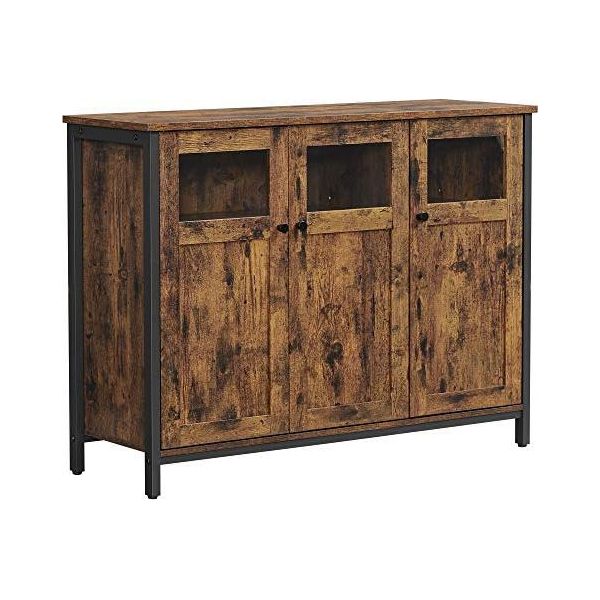 Credenza In Stile Industriale Con Ante In Vetro, Marrone Rustico E Nero | Ripiani Regolabili | Robusta Struttura In Acciaio-image