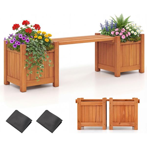 Costway Fioriera Con Panca Da Giardino, Panca In Legno Con 2 Fioriere Laterali, Panca A 2 Posti In Legno Massiccio, Panca Da Esterno, Arancione 105X26,5X29,5 Cm-image