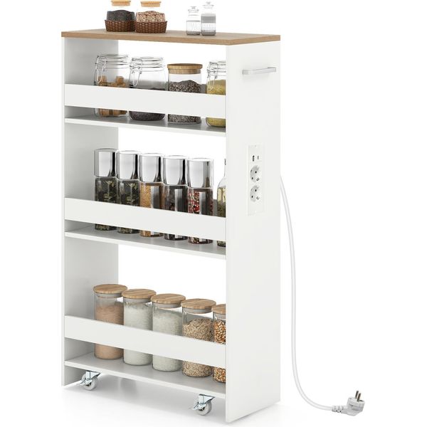 Costway Carrello A Nicchia 20Cm, Carrello Da Cucina A 4 Ripiani Stretto Con Stazione Di Carico, Scaffale A Nicchia, Carrello Di Servizio Con Maniglia E Ringhiera, Scaffale Da Bagno In Legno, Bianco+Naturale-image