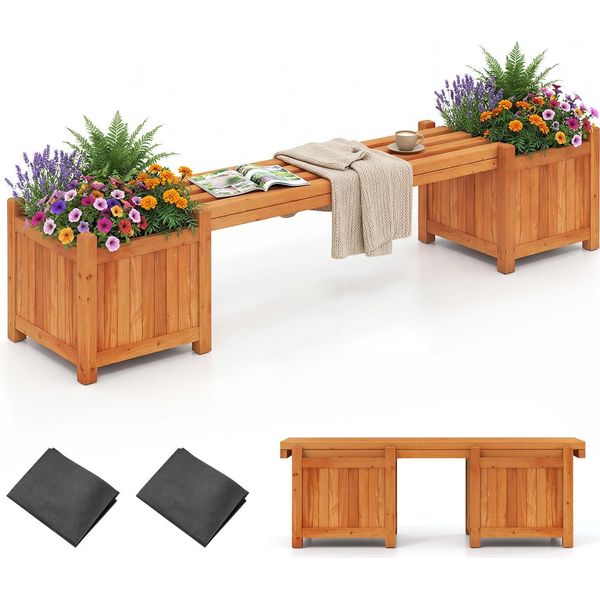 Costway Fioriera Con Panca Da Giardino, Panca In Legno Con 2 Fioriere Laterali, Panca A 2 Posti In Legno Massiccio, Panca Da Esterno, Arancione 169 X 35 X 35 Cm-image