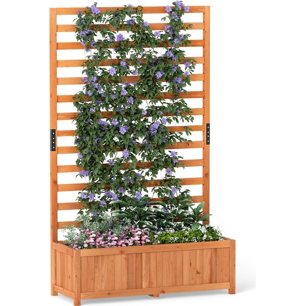 Costway Fioriera Con Traliccio, Fioriera Per Piante Rampicanti, Letto Rialzato Con Traliccio, Rivestimento E Drenaggio, Fioriera In Legno 90X35X150Cm Arancione-image
