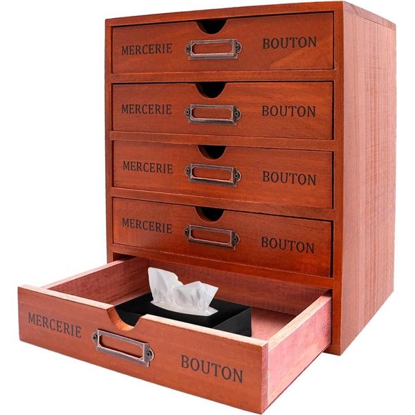 Organizer Da Scrivania In Legno - Cassettiera - 5 Cassetti - Legno Di Pino - Stile Retrò - Dimensioni 25×17,5×31 Cm - Marrone-image