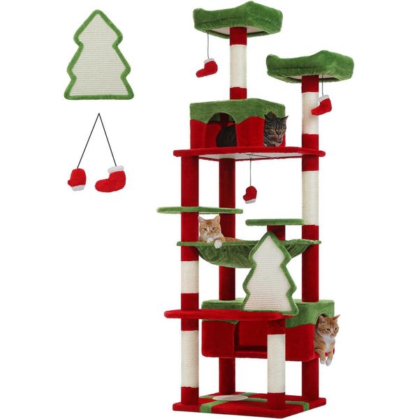 Albero Per Gatti, Decorazione Natalizia, Design A Più Livelli, Tiragraffi E Amache, AMT0204RD, L-image