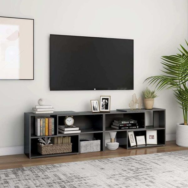 The Living Store Mobile Tv Grigio Lucido 149X30X52 Cm Materiale In Legno-image
