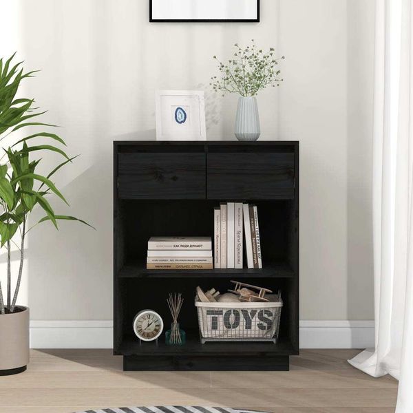 The Living Store Mobile Laterale Nero 60X34X75 Cm In Legno Di Pino Massiccio-image