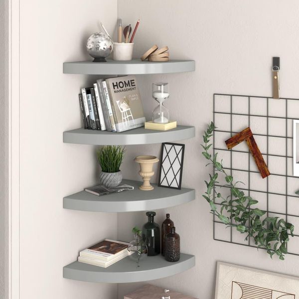 The Living Store Mensole Galleggianti Ad Angolo 4 Pz. Mdf Grigio 35X35X3,8 Cm-image
