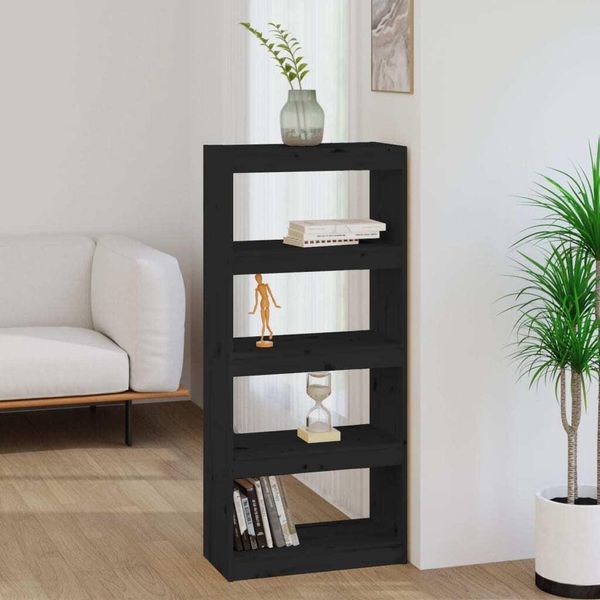 The Living Store Libreria Divisorio Nero 60X30X135,5 Cm In Legno Di Pino Massiccio-image