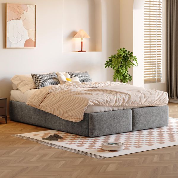 Letto Imbottito Flieks 140X200Cm Con 2 Cassetti, Letto Matrimoniale Contenitore Letto Giovanile Senza Testata, Letto A Molle Idrauliche Con Rete A Doghe, Biancheria-image