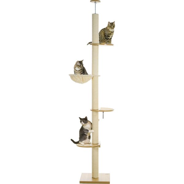Tiragraffi Pawhut, Tiragraffi Per Gatti A Soffitto, 230-250 Cm, Albero Da Arrampicata Con Amaca, Albero Per Gatti Regolabile In Altezza, Albero Da Gioco Con Protezione Antiribaltamento, Peluche-image