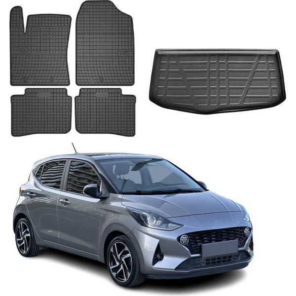 Set Tappetini E Fodera Bagagliaio Per Hyundai I10 2019-2025 In Gomma Tpe Nero 5X-image