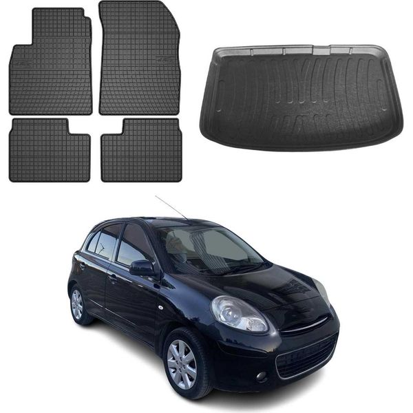 FußMatten & Kofferraumwanne Set FüR Nissan Micra K13 2010-2017 Gummi Schwarz 5X-image