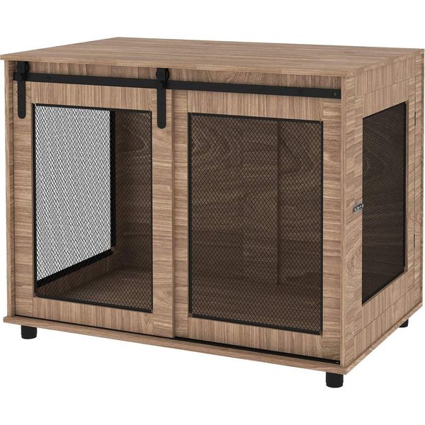 Mobili Per Gabbia Per Cani, Cassa Per Cani Con 2 Porte Con Serratura, Tavolino Per Casa, Casa Per Cani Di Taglia Grande Sotto I 30 Kg, Acciaio, 98 X 60 X 78 Cm, Noce |-image