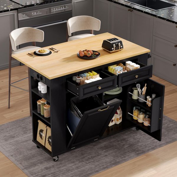 Carrello Da Cucina Merax A Isola Su Rotelle, Carrello Da Cucina Mobile Con Piano Di Lavoro Estensibile, Prese Di Corrente, Vano Portarifiuti, 2 Cassetti, Nero-image