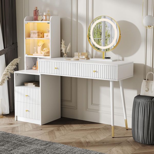 Tavolo Da Trucco Fliek Con Specchio E Armadio, Comò Da Trucco Comò Da Toeletta Con Cassetti E Vani Portaoggetti Aperti, Specchio Con Led, Bianco-image