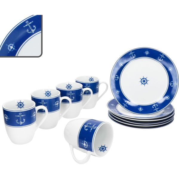 Ahoy Set Da Colazione Da 12 Pezzi In Porcellana Piatto Da Torta Tazza Da Caffè Nautica-image