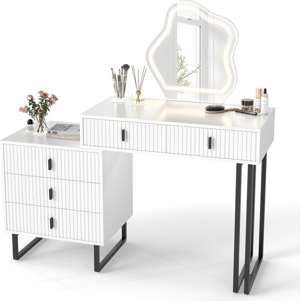Tavolo Da Trucco Costway Tavolo Cosmetico Con Specchio A Led, 3 Modalità Di Illuminazione, Luminosità Regolabile, 5 Cassetti E Mobiletto, Tavolo Da Toilette 120X40X124Cm-image
