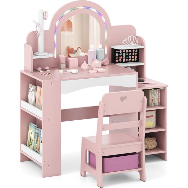 Costway Tavolo Da Trucco Per Bambini, Tavolo Da Trucco Per Bambini Con Illuminazione, Specchio, Ripiani, Libreria E Scatola In Tessuto, Tavolo Cosmetico Per Bambine Dai 3 Anni In Su, Rosa-image
