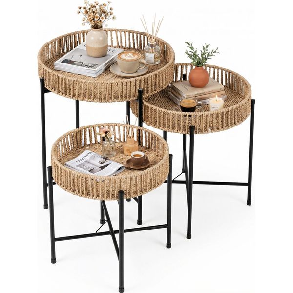 Costway Tavolino Rotondo Set Di 3, Tavolino Da Divano Boho, Tavolino Da Caffè, Tavolino Da Salotto, Comodino, Tavolino Per Salotto, Camera Da Letto-image