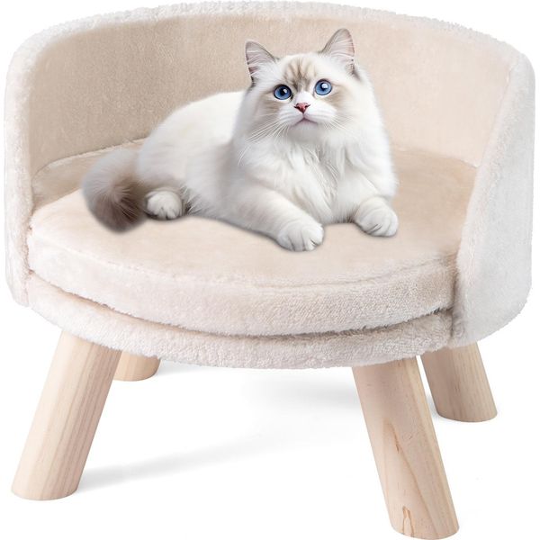 Costway Divano Per Gatti, Letto Rialzato Per Gatti, Divano Per Gatti Con Cuscino Rotondo, Schienale E Gambe In Legno, Poltrona Per Gatti Divano Morbido Per Animali Domestici, 42X42X33 Cm, Beige-image
