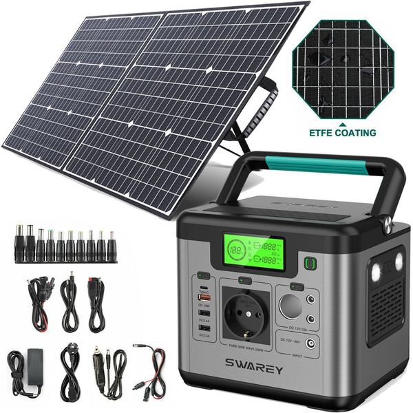 Swarey S500 Stazione Di Alimentazione Portatile 518Wh/144000Mah Generatore Di Energia Solare Con Pannelli Solari Da 100W Sistemi Di Alimentazione Solare Caricabatterie A Celle Solari Caricabatterie A Scatola Solare Powerbank Type-C/Usb Per L'alimentazione Di Emergenza/Campeggio/Emergenza/Viaggio/Cpap/Caravan/Casa-image