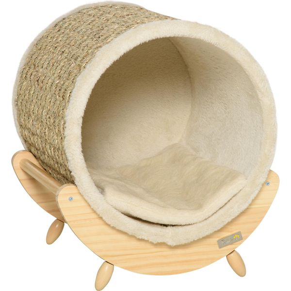 Pawhut Grotta Per Gatti Letto Per Gatti Con Ripiano Casa Per Gatti Rifugio Per Gatti Con Tiragraffi Interno In Legno Di Pino Flanella Cachi+Naturale+Beige 41 X 38 X 43 Cm-image