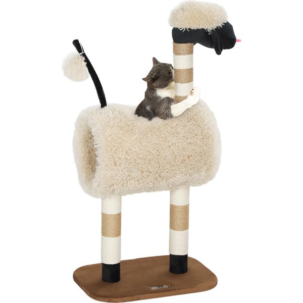 Pawhut Tiragraffi 98 Cm Albero Per Gatti Con Tiragraffi, Tunnel, Palla Da Gioco, Tiragraffi Per Gatti Con Design A Pecorella, Per Gatti Fino A 5 Kg, Marrone Chiaro-image